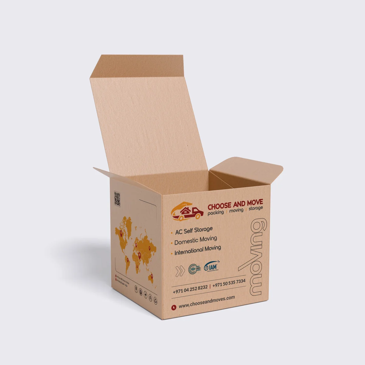 Choose and Move branded moving box with world map side panel