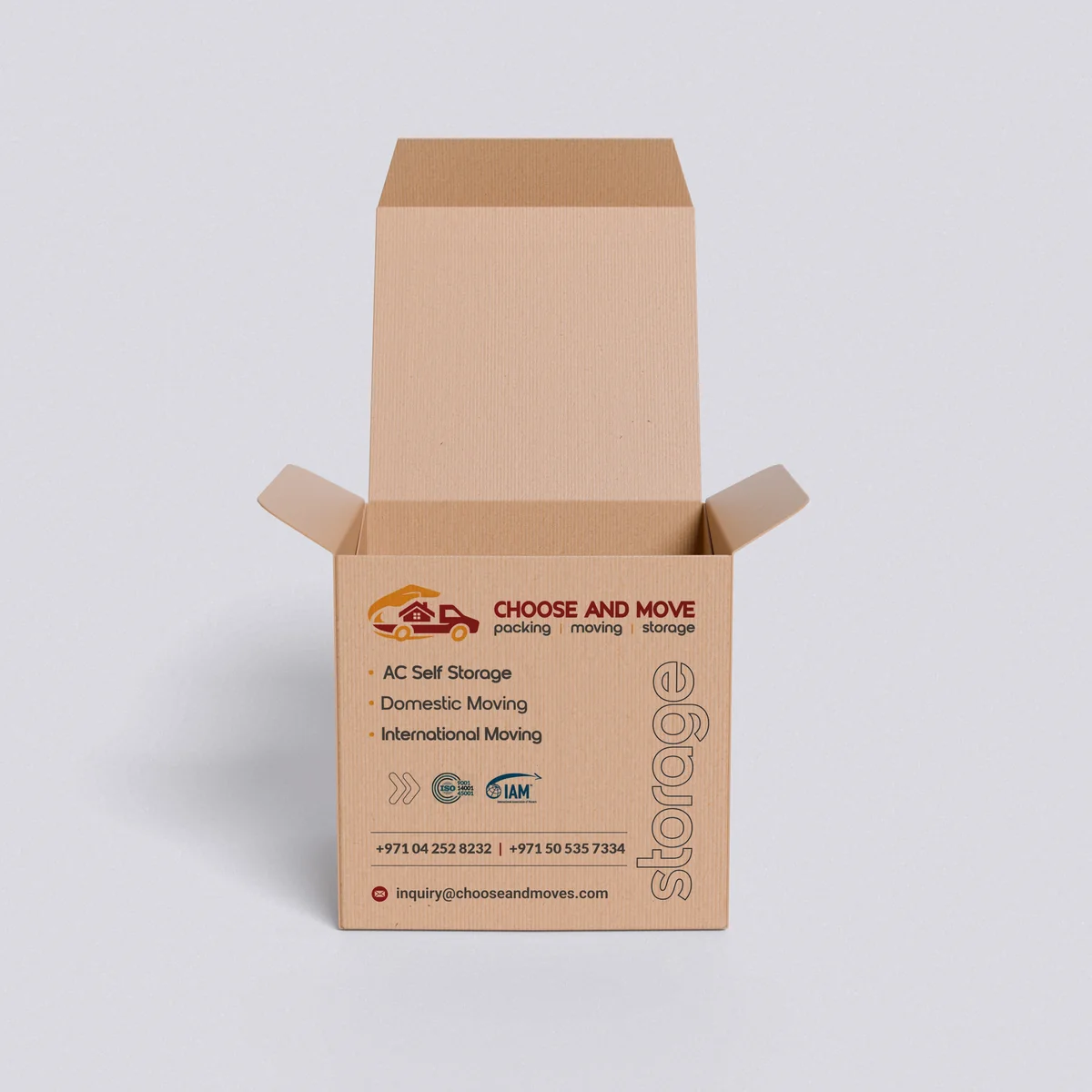 Choose and Move branded storage box, front view