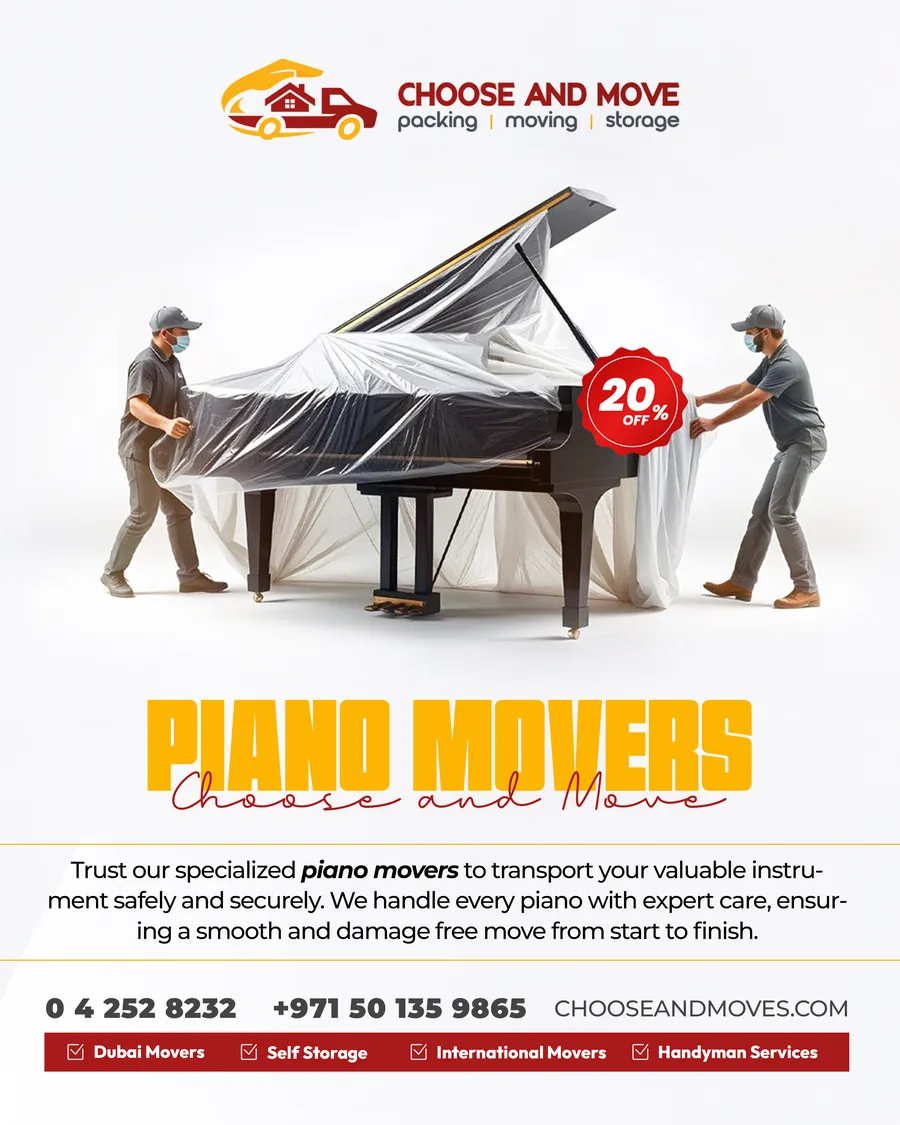 Choose and Move social media post: Piano movers, 20% off