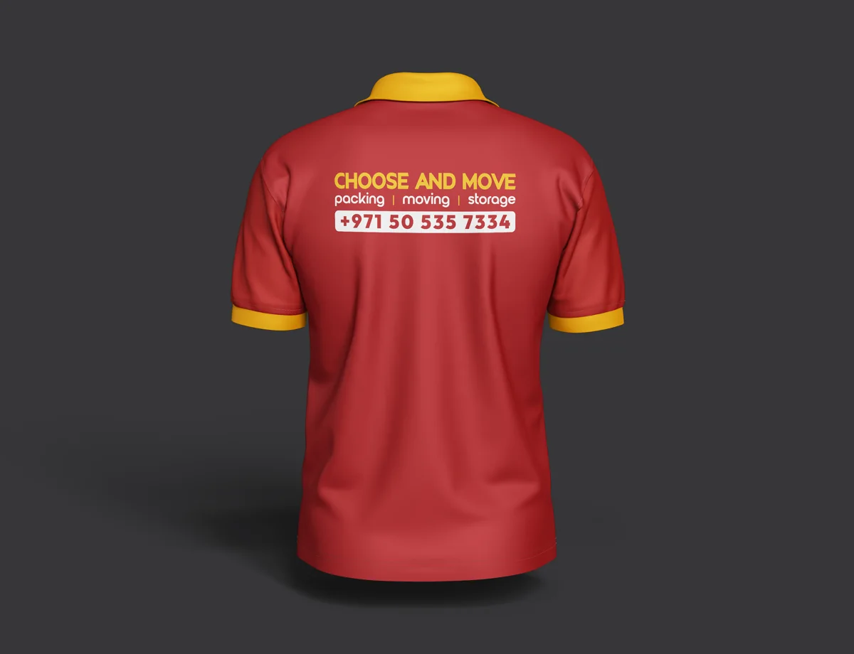 Choose and Move staff polo shirt, back, with phone number