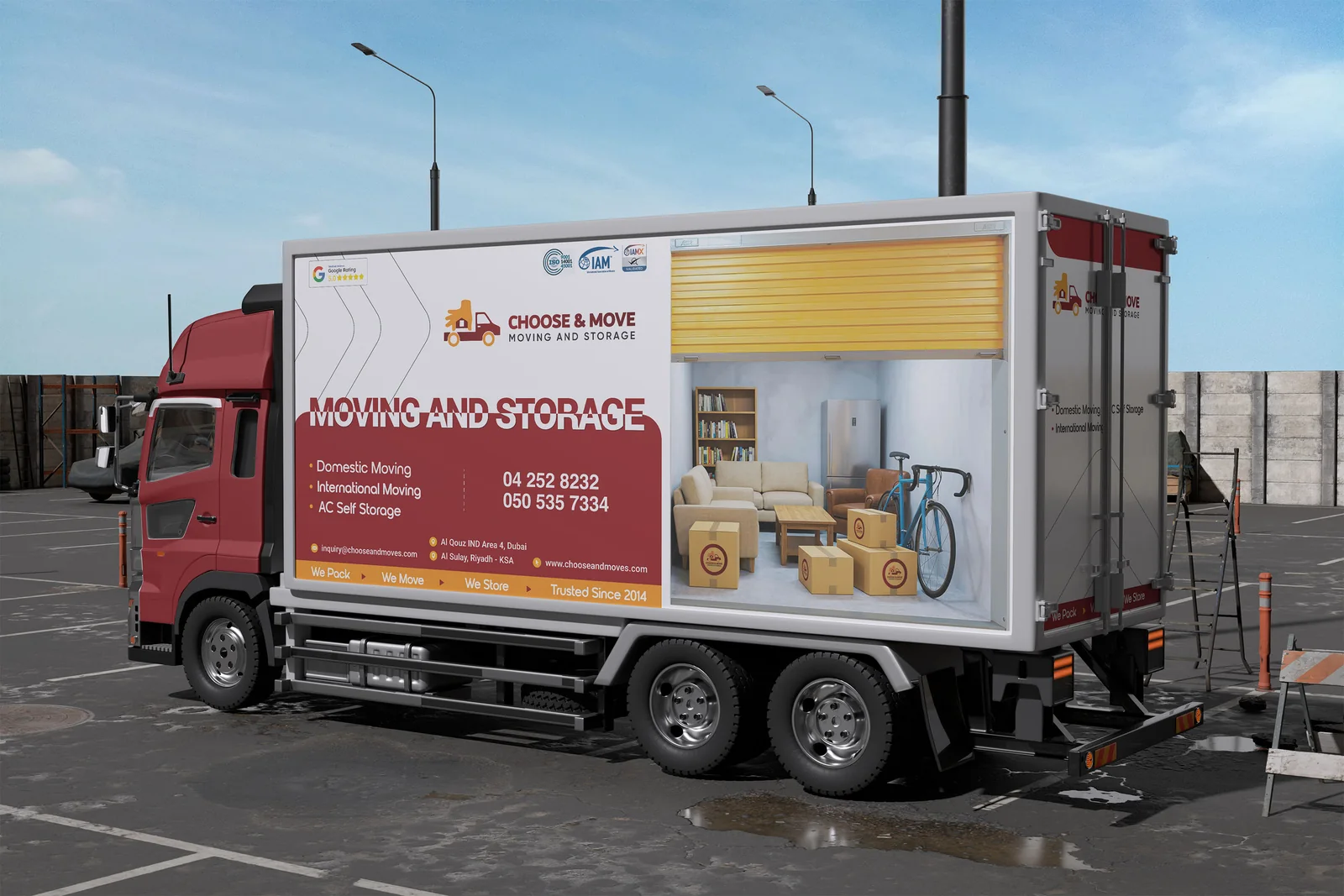 Choose and Move moving truck branding in English