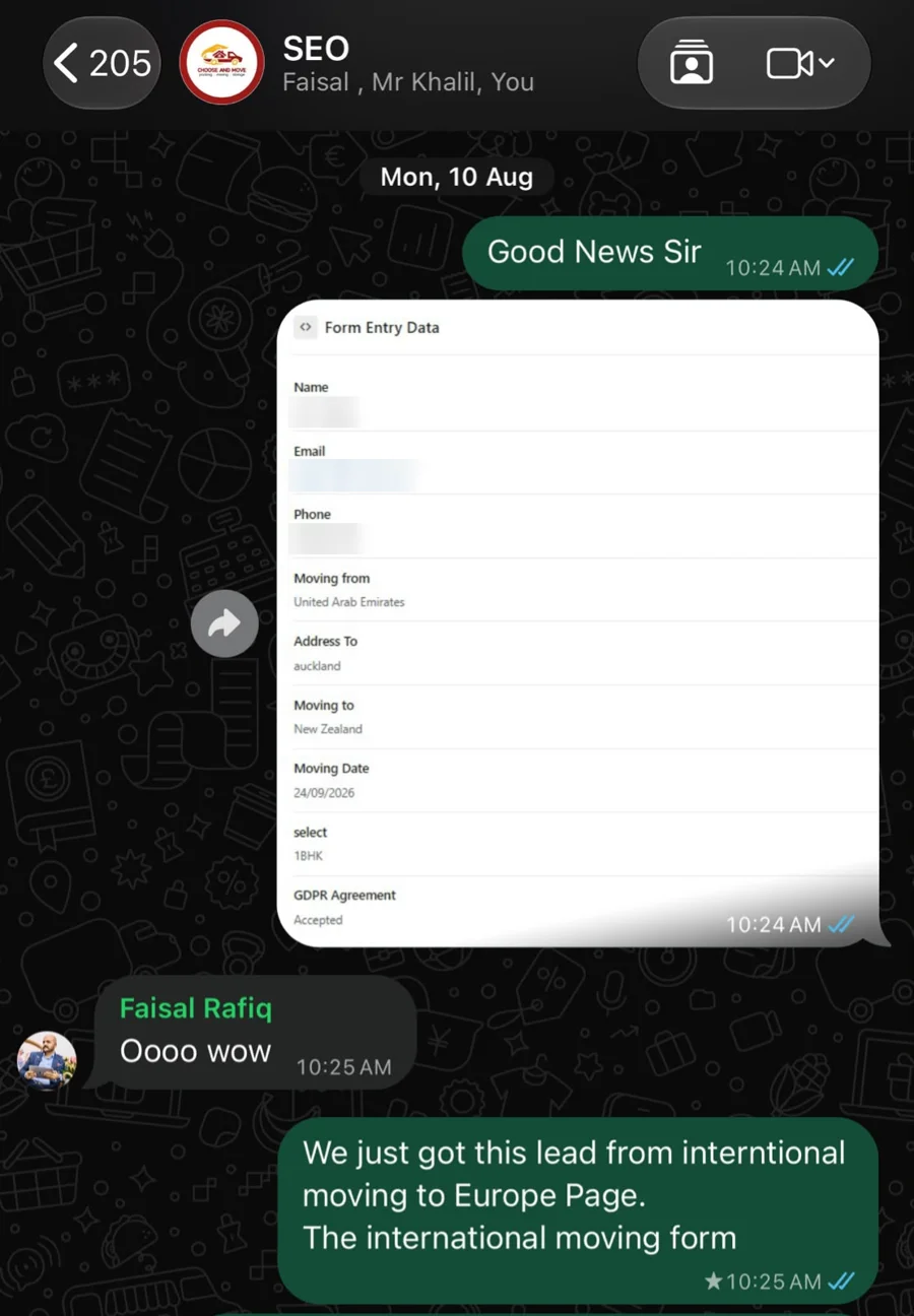 WhatsApp message from Choose and Move reacting to an international moving lead from the website